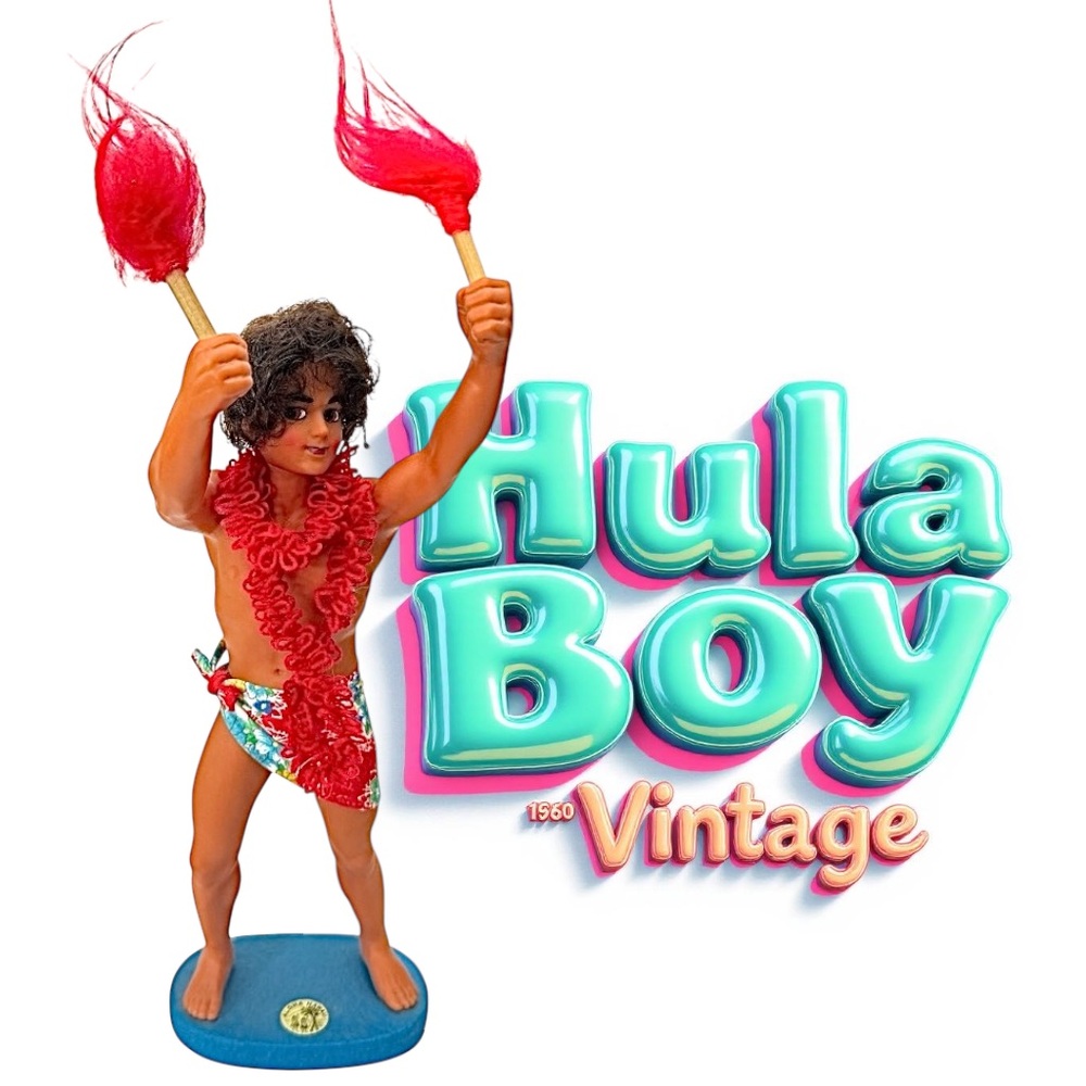 Vintage Hula Boy Doll Figurine 14” Red Torches Hawaiian Japan Collectible 1960s